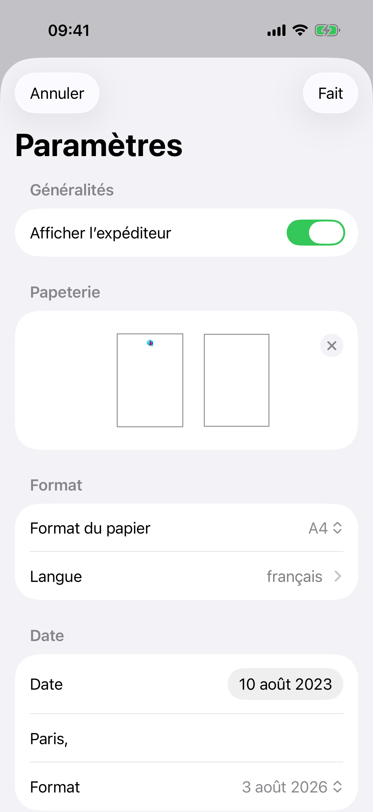 Réglages de mise en page de la lettre