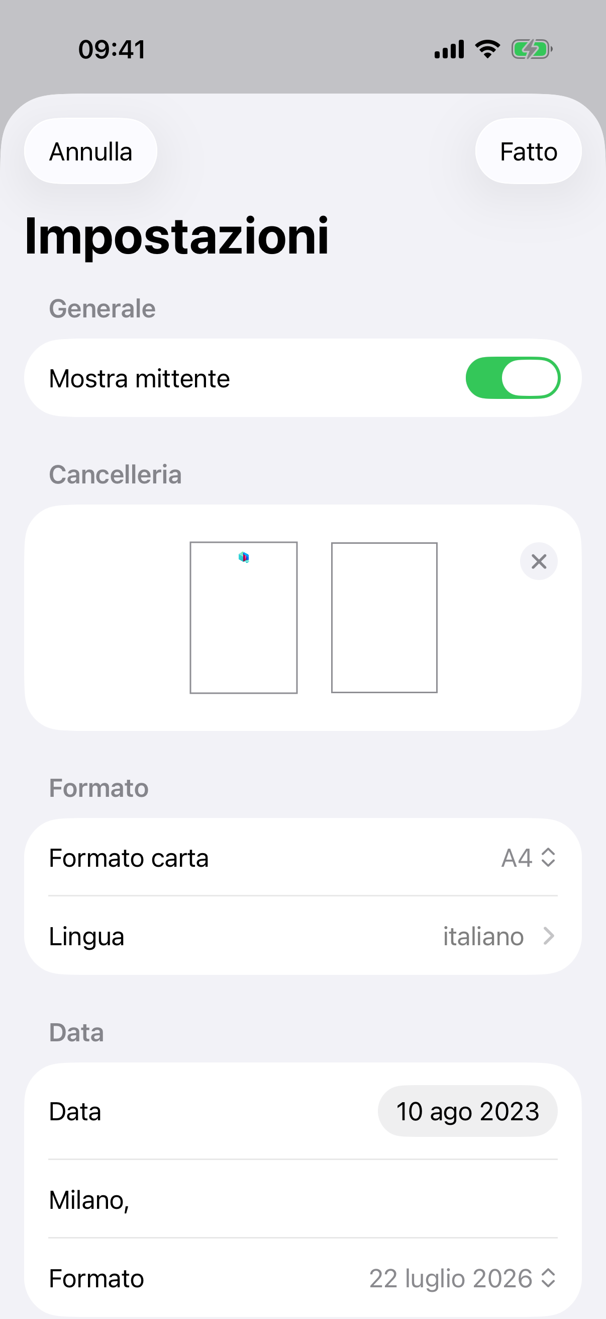 Impostazioni di impaginazione della lettera