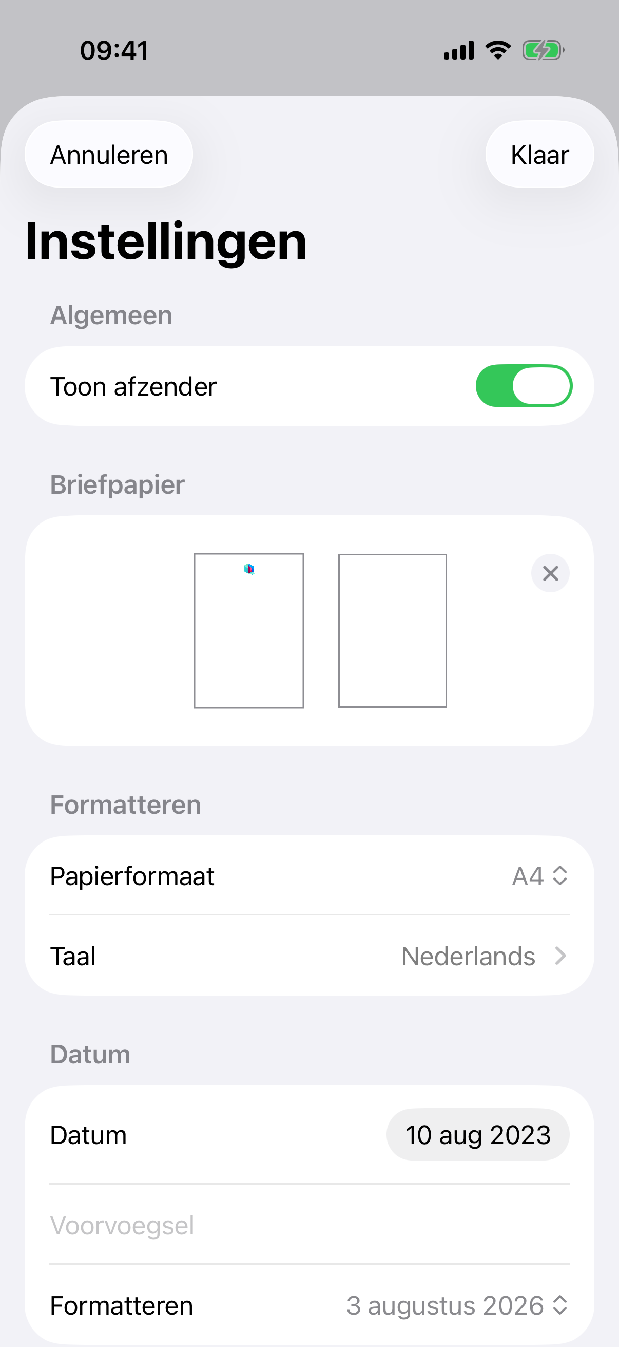 Lay-outinstellingen van de brief