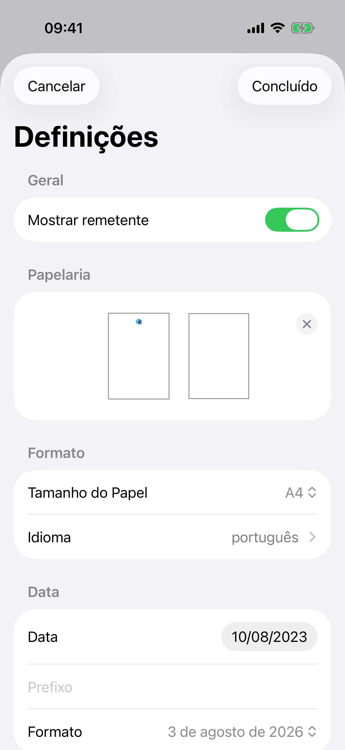 Definições de esquema da carta