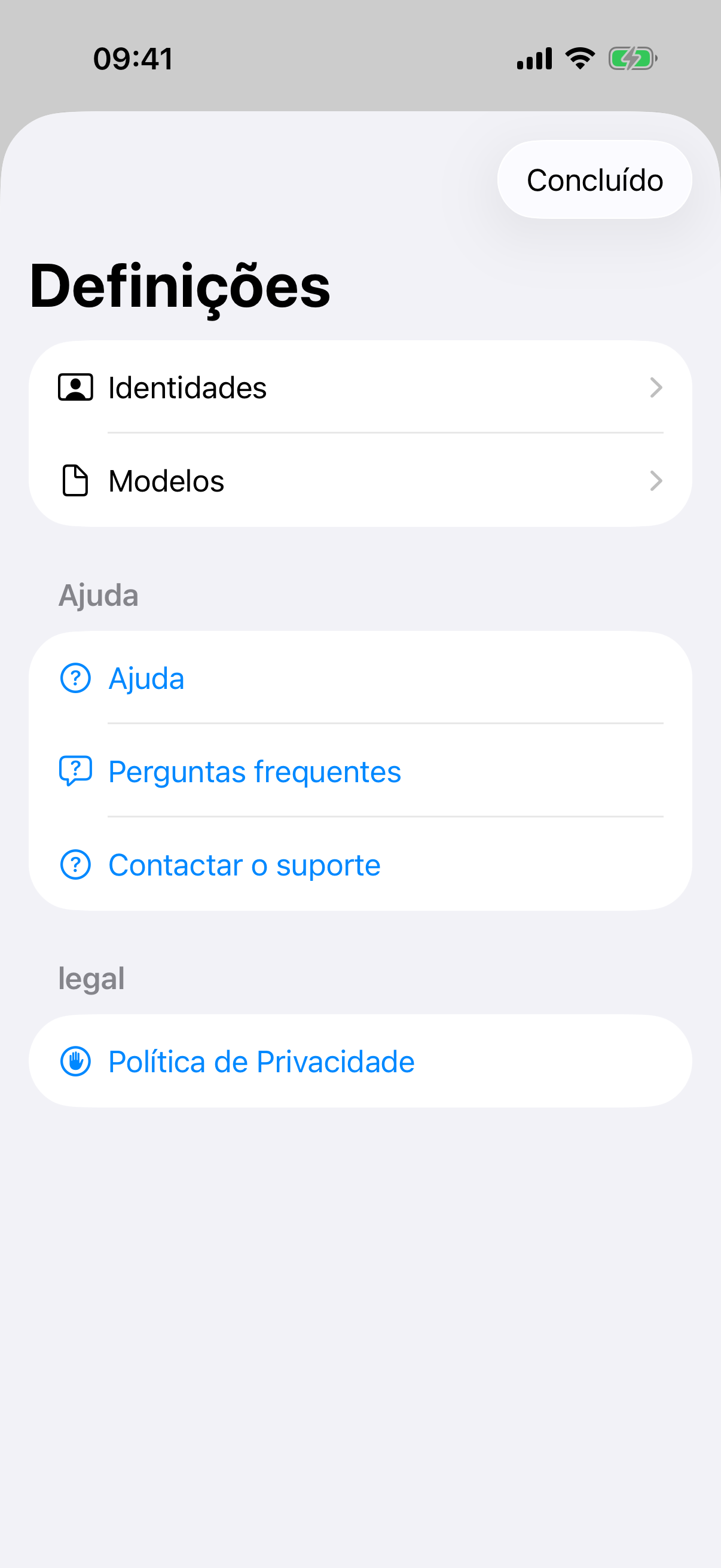Definições da aplicação